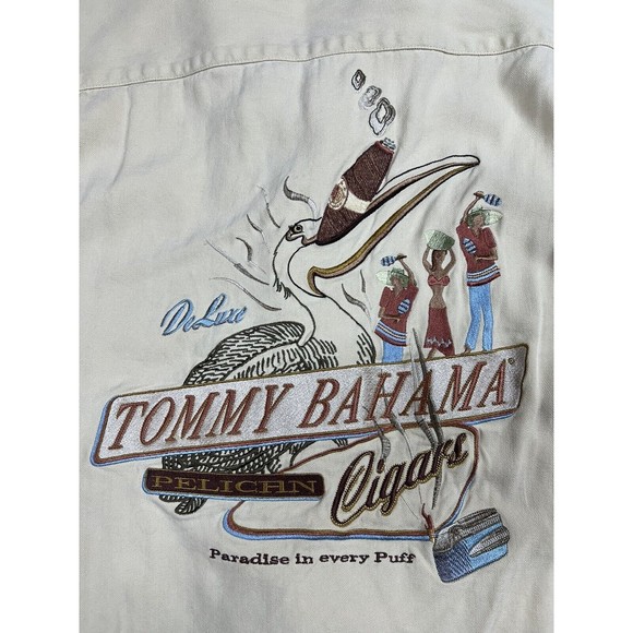 Mens XL Tommy Bahama 100% Silk Pelican Cigar Embroidered Ivory Hawaiian Shirt - Picture 1 of 5